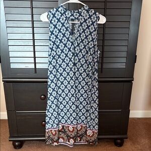 Sleeveless Blue Floral Border Print Midi Dress